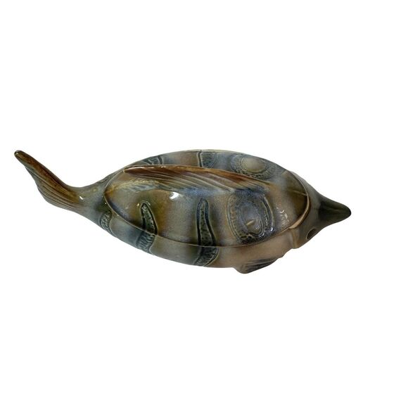 Art Glazed Pottery Fish Trinket Box Bowl With Lid Handmade Unmarked 7" - Picture 8 of 11